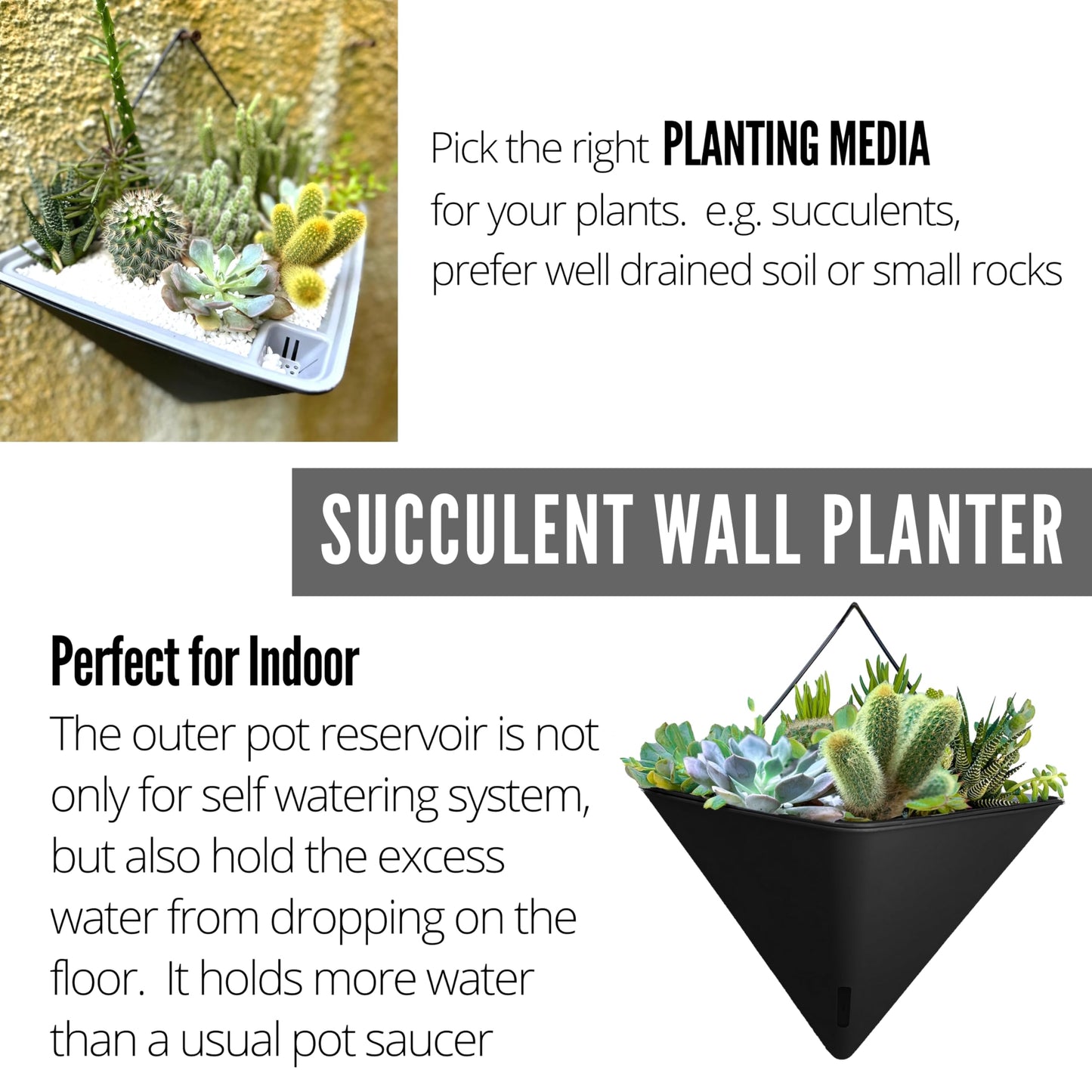 LaLaGreen Bundle- 4 Pack, 12 Inch Black Geometric Self Watering Pot + 2 Pack, 10 Inch Hanging Basket with Coco Liner Flat Metal Iron Balcony Porch Plant Holder Stylish Wall Mounted Flower Vase Vessel