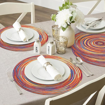 SHACOS Round Braided Placemats Set of 4 Variegated Colorful Placemats for Dining Tables Holiday Party Decor (Rainbow Red, 4)