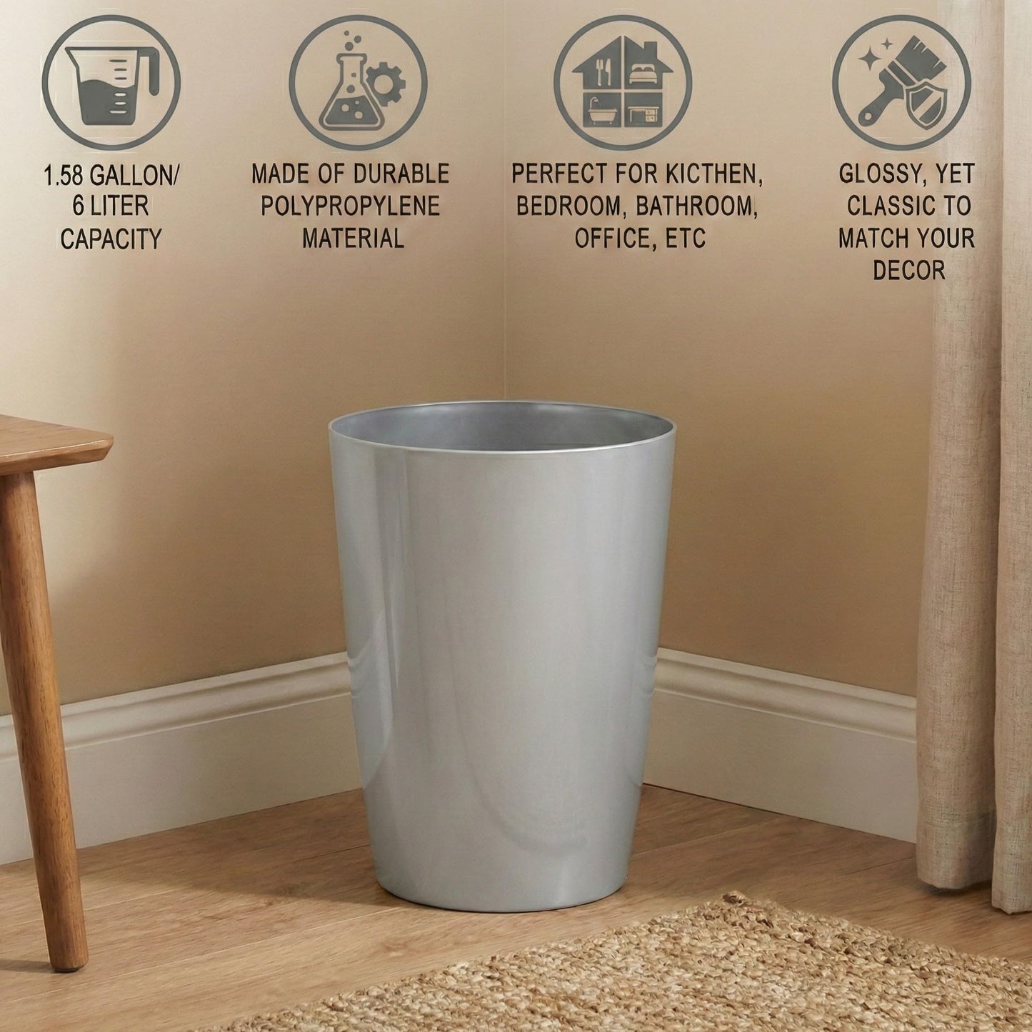 Mini Waste Basket - Durable Small Plastic Garbage Trash Can Bin - Lidless Open-Top, Slim Profile for Compact Spaces - Suitable for Home, Bathroom, Office, Bedroom, Kitchen and More, Silver Brushed