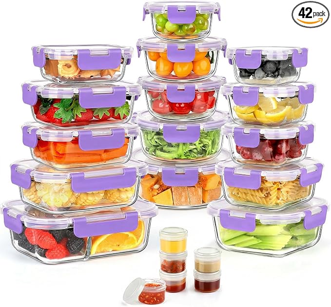 AMALEKO 42pcs Glass Food Storage Containers with Lids Set, 21 Containers & 21 Lids Glass Meal Prep Containers with Snap Locking Lid Set, Leak Proof Lunch Container BPA-Free,Purple