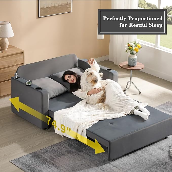 Krcix 3 in 1 Pull Out Couch, 56 Inch Velvet Sofa Bed, Convertible Sleeper Sofa