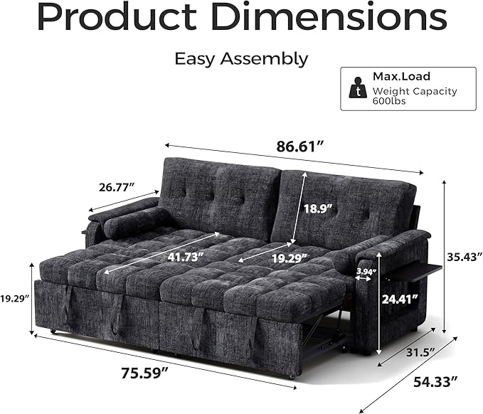 Convertible Sleeper Sofa Bed, 86 Inch Chenille Pull Out Couch