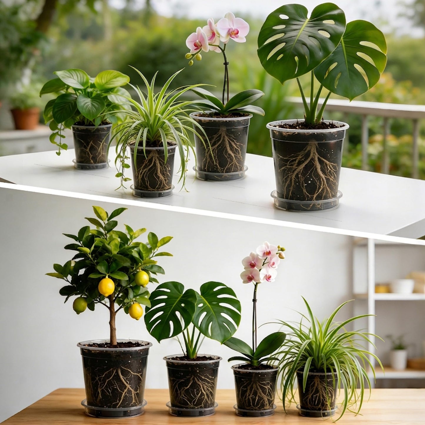 BTPLASTIK 2 Gallon Clear Nursery Pots with Saucers 5P, 7.5 Inch Round Plastic Plant Pots with Drainage Holes