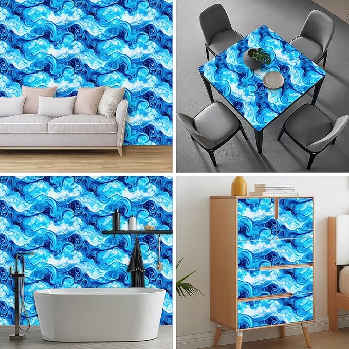 HOMETITUTE Artistic Blue Swirl Wave Pattern Wallpaper Peel and Stick Contact