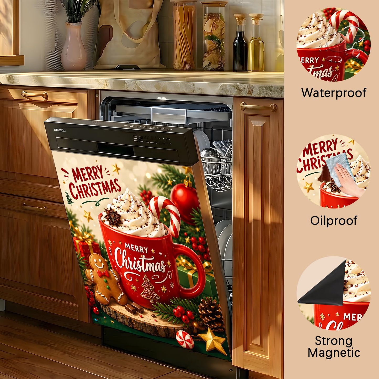 Dishwasher Magnet Cover Coffee, Christmas Magnetic Dishwasher Cover for The Front Panel, Refrigerator Magnets Decorative Cover Home Kitchen Decor 23x26 Inch