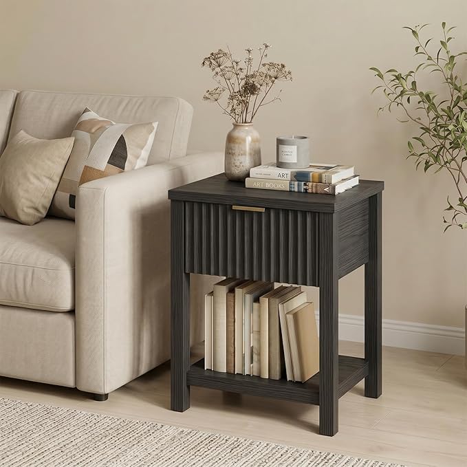 Fluted Night Stand with Golden Handle, Mid-Century Nightstands with Drawer