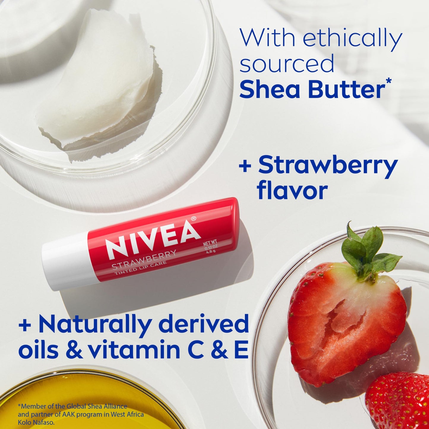 NIVEA Lip Care, Fruity Tinted Lip Balm Variety Pack, Cherry, Strawberry, Blackberry and Watermelon Flavors, 3-in-1 Moisture, Repair and Color, 0.17 Oz Stick, Pack of 4