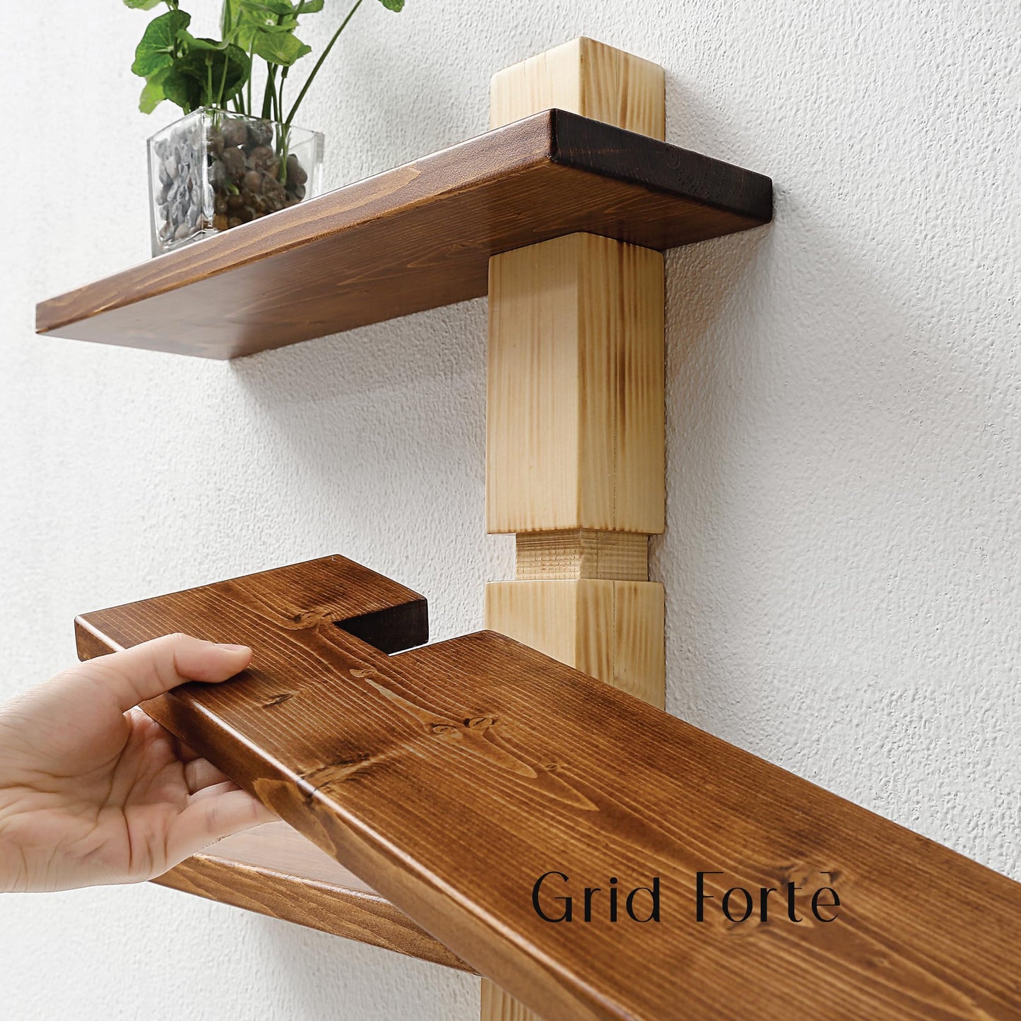 GRID FORTE Wood 3 Tier Floating Shelf, Large Minimalist Wall Shelves, Mid Century Modern Furniture, Art Deco, Plant Rock Crystal Shelving for Bedroom Living Room Office Bathroom