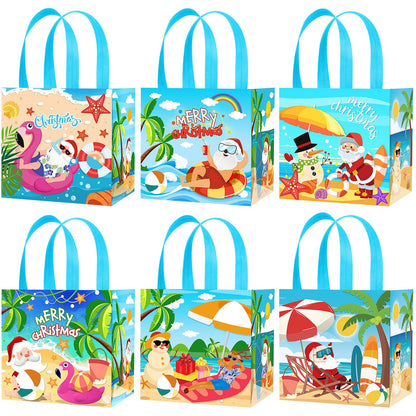 HOWAF 12 PCS Summer Christmas Decorations Gift Bags, Tropical Christmas Non-Woven Tote Bags with Handle Decoration, Beach Santa Goodie Bag for Hawaii Mele Kalikimaka Treat Bag