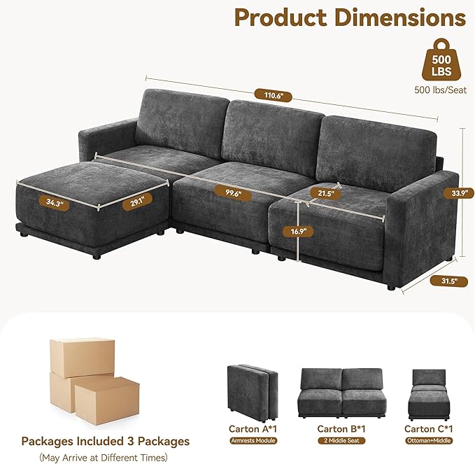 110.6" L Shaped Sectional Sofa, Modular Cloud Deep Seat Couch