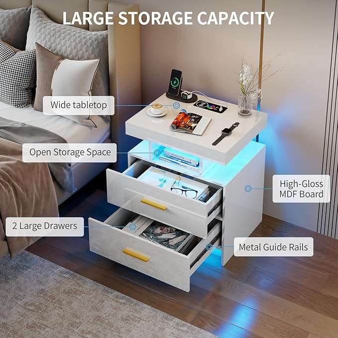 Smart Night Stand with Charging Station, Modern White Nightstand with 24 Color