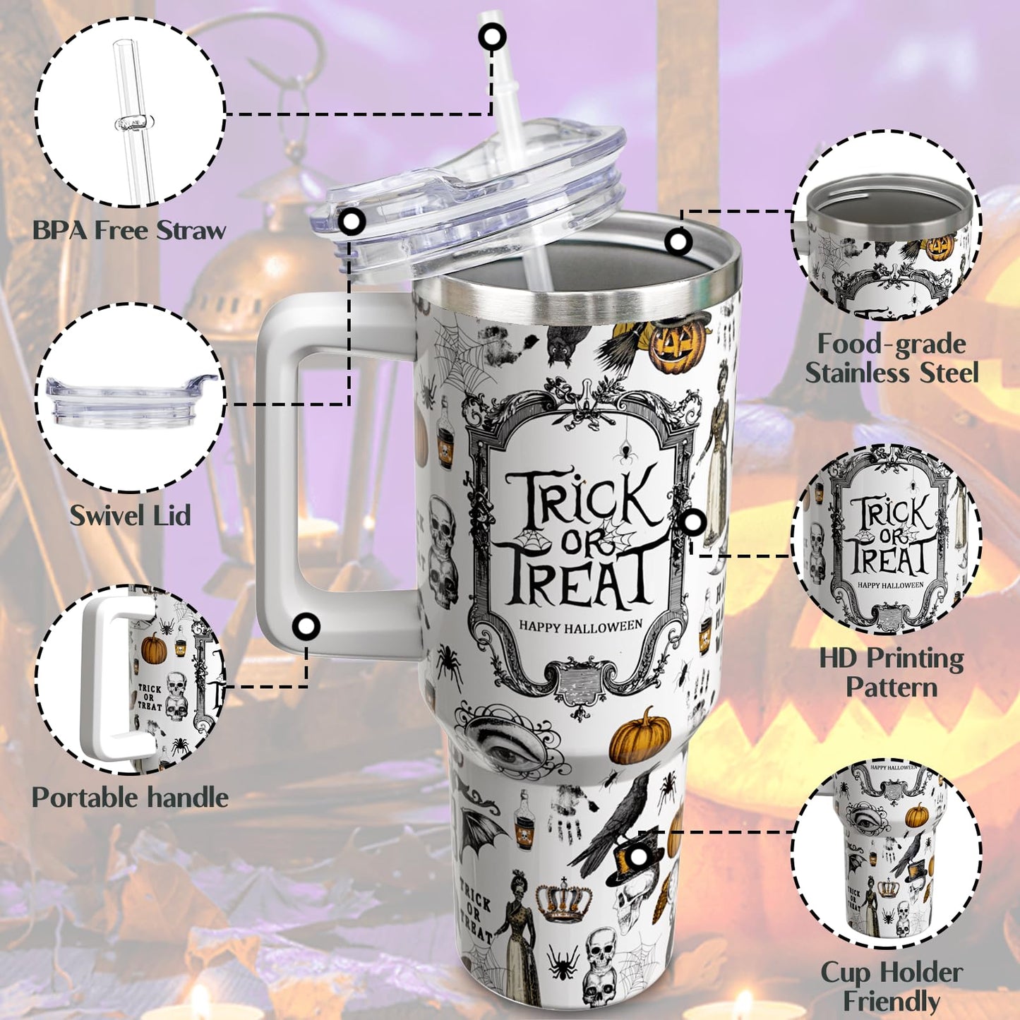 qoepfnsh Halloween Tumbler 40 oz Tumblers with Handle and Straw Goth Gothic Stainless Steel Insulated Coffee Cups Mugs Halloweens Gifts Stuff for Women Girls