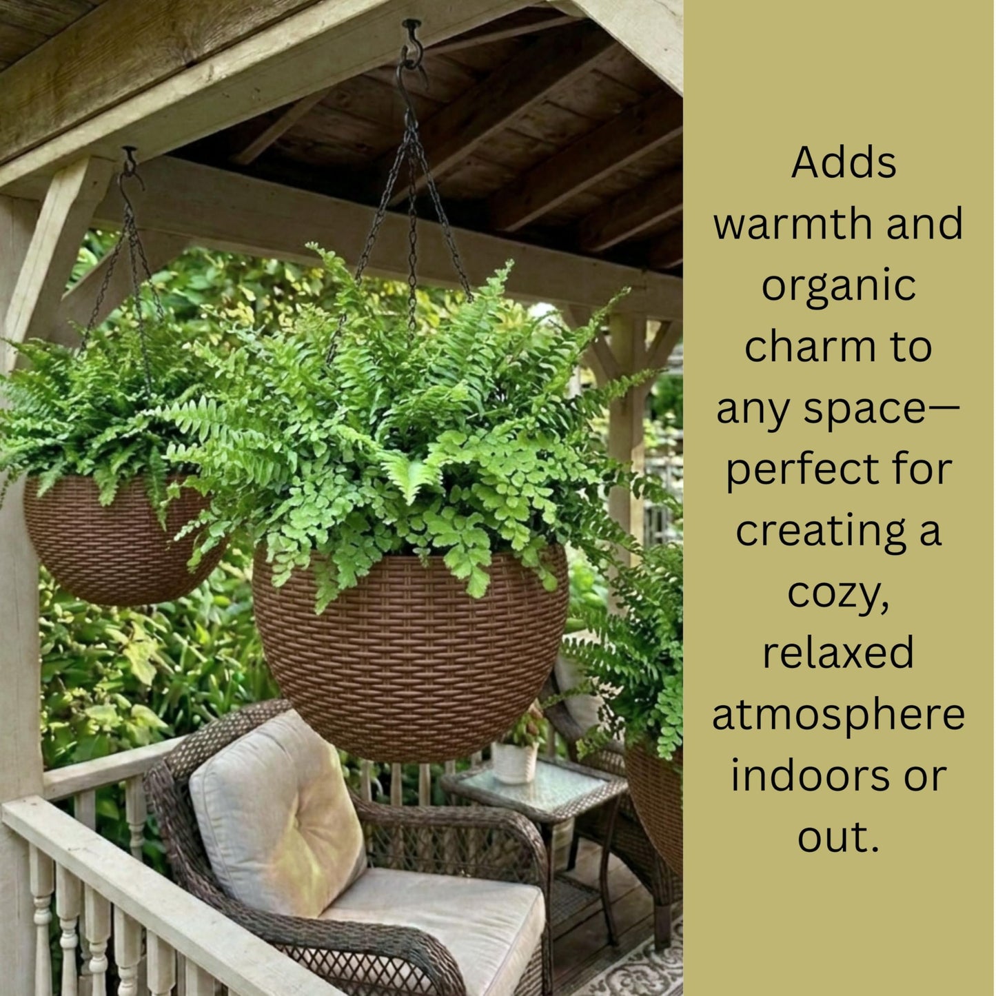 LaLaGreen Bundle- 2 Pack, 11 Inch Brown Hanging Plastic Basket + 2 Pack, 20 Inch Self Watering Planter with Bracket Rattan Style Window Plants Boxes Balcony Fence Porch Deck Modern Flower Pots Outdoor