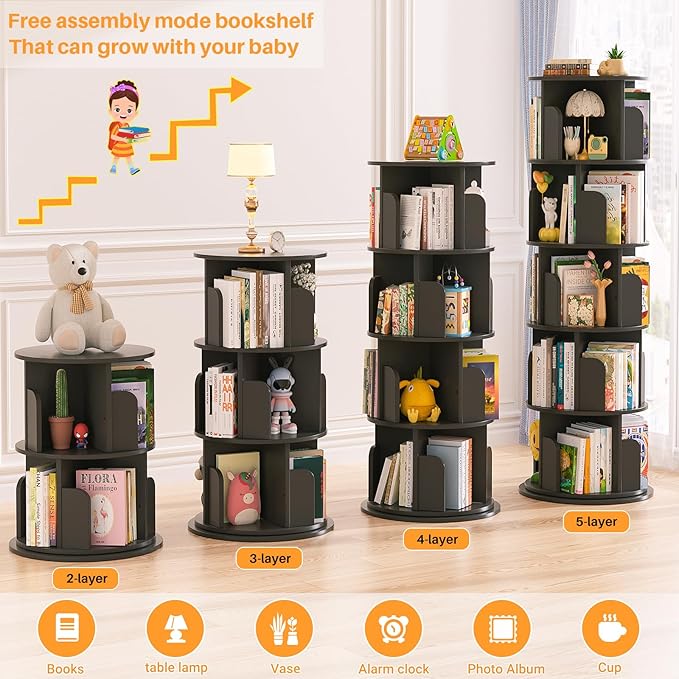 Aheaplus Rotating Bookshelf, 360 Display Wood Spinning Bookshelf Tower