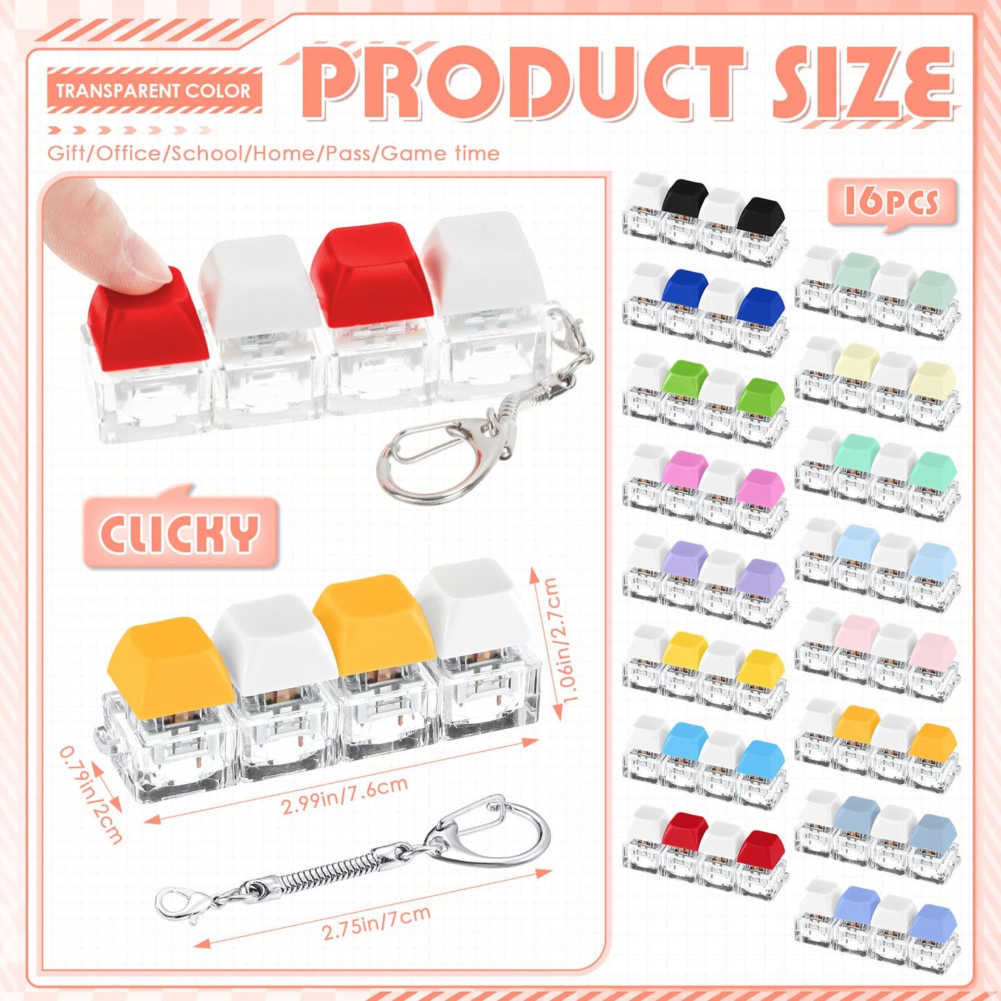 Halloscume 16 Pcs Keyboard Adult Fidget Clicker Toy 4-in-1 Keyboard Fidget Keychain Cube Mechanical Key Button Clicker Stress Relief Gift for Office School Home to Pass the Time(Alternating Colors)