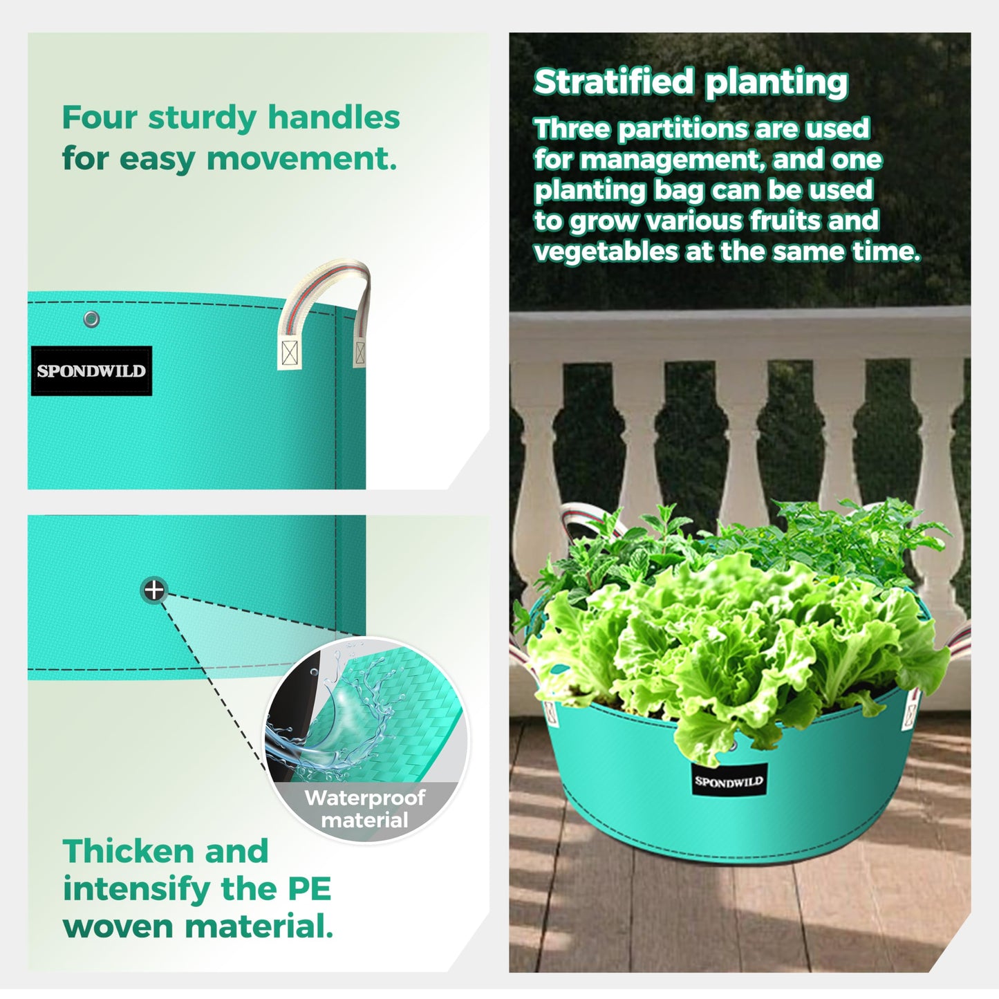 SPONDWILD [Upgraded] 2 Pack 10 Gallon 3 Compartment Grow Bag, Vegetable Growing Bag Thickened PE Garden Pots with Drainage Holes, Branch-Binding Holes, Reusable Plant Bag for Vegetables,Flowers
