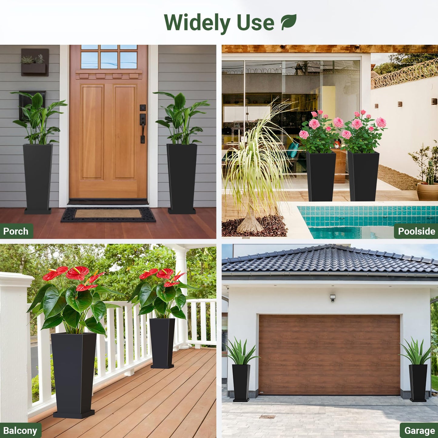 Toriexon Metal Tall Outdoor Planters Set of 2, 24 inch Durable Tall Planters with Rust-Proof Coating & Drainage Insert Shelve & Trays, Black Outdoor Planters for Porch, Garden, Patio, Yard
