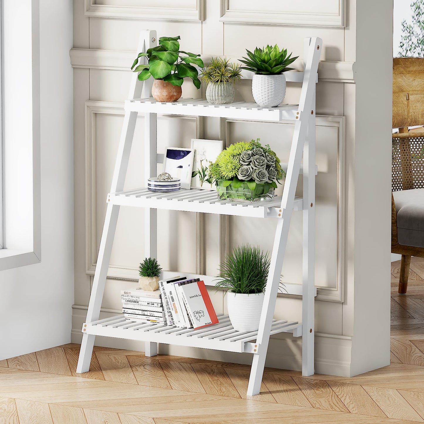 oakvivo Bamboo Bookshelf 3-Tier Ladder Shelf, 39.4” Freestanding Open Bookcase Book Shelf Bathroom Storage Shelf Unit Plant Stand for Small Space, Living Room, Bedroom, Home Office, White