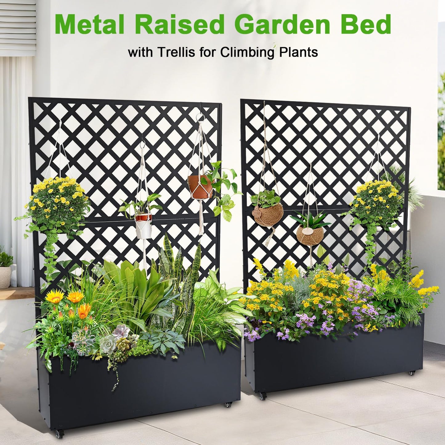 Metal Raised Garden Bed with Trellis & Wheels, 72.83"x46.46"x11.81" Galvanized Metal Planter Box with Drainage Holes & Privacy Screen for Patio Balcony Climbing Plants Flowers Vegetable, Black