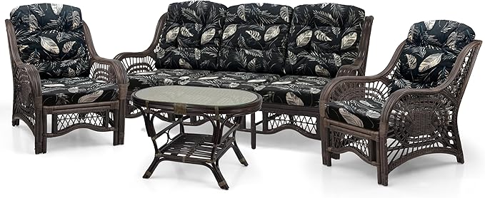 Malibu Lounge Set of 4: 2 Natural Rattan Wicker Chairs, Three-Seater Sofa and