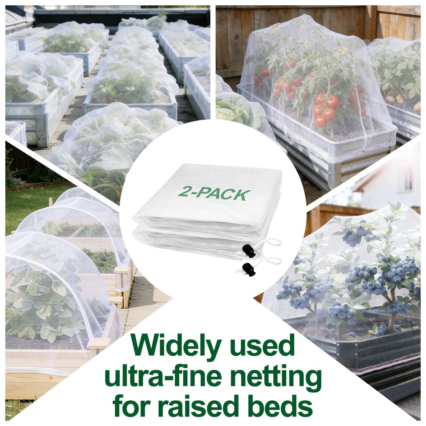 2 Pack Garden Netting for 4x2FT Raised Beds, Ultra-Fine Mesh Plant Covers with Drawstring, Bird, Pest & Small Animal Barrier for Vegetables, Fruits & Flowers