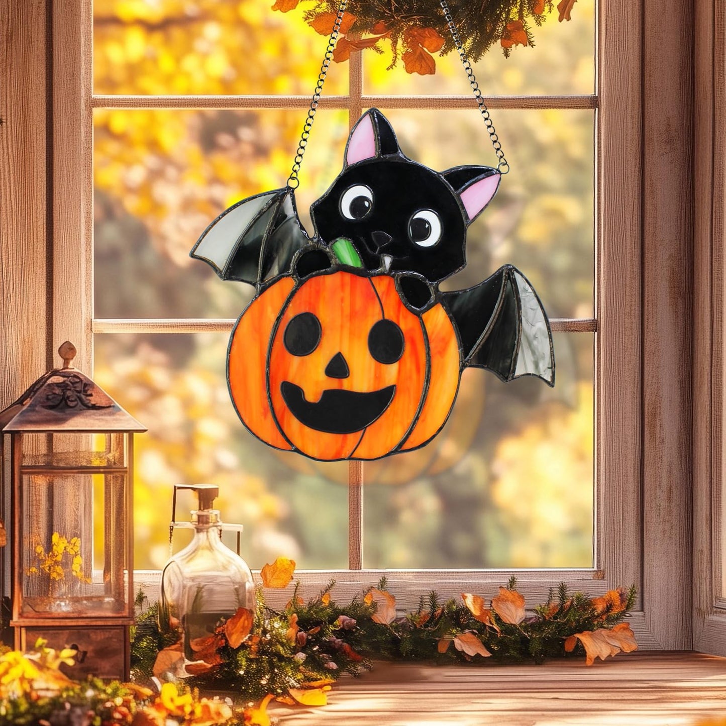 JAWNLITY Stained Glass Window Hanging Sun Catcher, Handmade Bat and Pumpkin Suncatcher for Window, Wall Porch Decoration, Cute Cartoon-Style Stained Glass Halloween Christmas Decor Gift