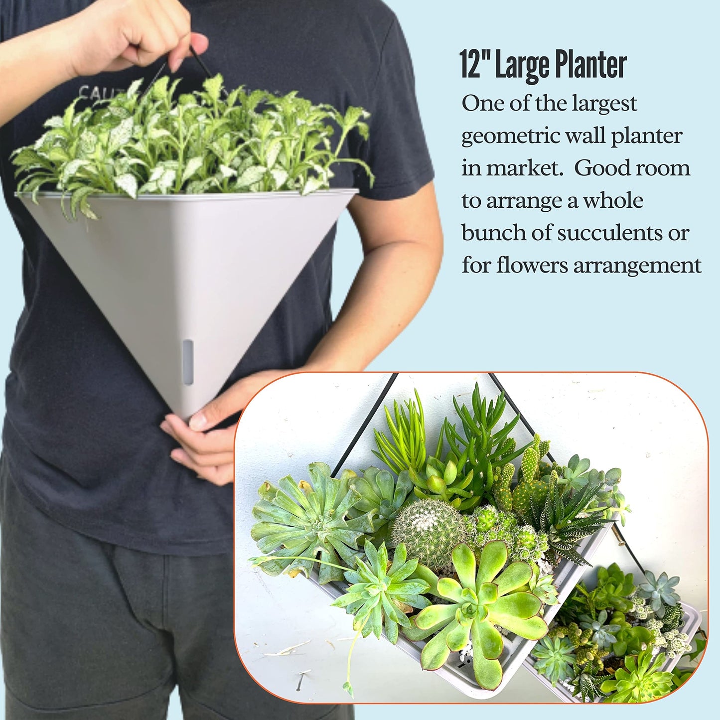 LaLaGreen Bundle - 12" x 6 Pack Gray + 12" x 2 Pack White Large Self Watering White Geometric Hanging Flower Vase Vessel with Metal Hanger, Modern Stylish Wall Mounted Succulent Pot Holder Decor