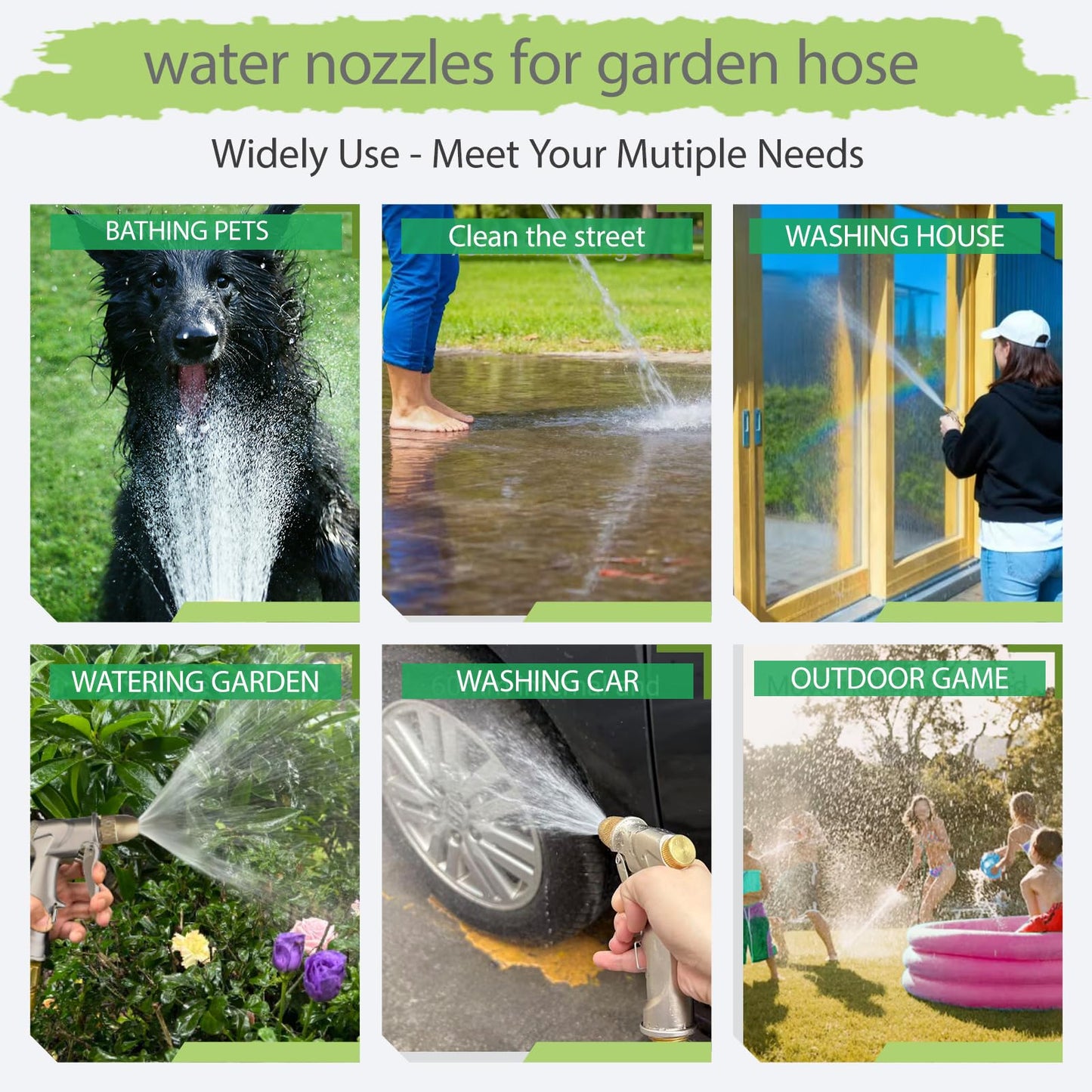 VNEIRSHAH Garden hose nozzle spray,all metal heavy-duty hand-held high pressure hose nozzle,with a variety of adjustable spray modes,suitable for watering plants, yards, car washes,pets and windows