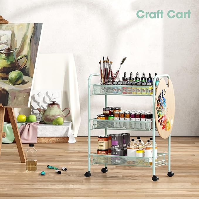 TOOLF 3-Tier Metal Rolling Cart, Mesh Wire Easy Assemble Utility Cart, Storage