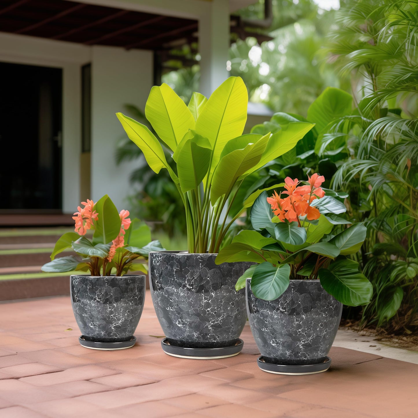 EPFamily Ceramic Pots for Plants - 10+8+6 Inch Modern Flower Pot for Indoor Outdoor, Round Planters with Drainage Holes and Trays, Office Garden Living Room Decor, Housewarming Gifts, Set of 3, Grey
