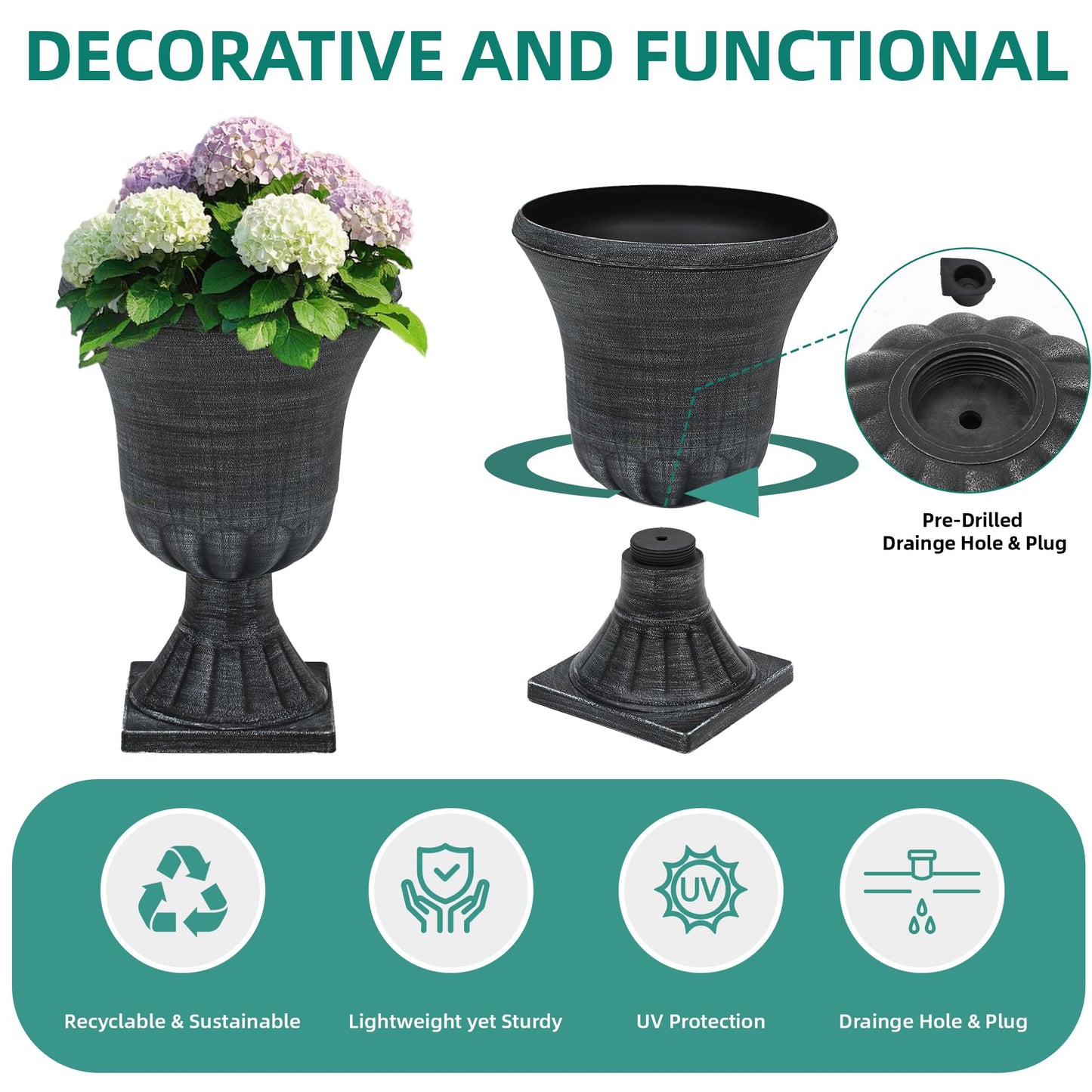 Autodaya 22" Tall Plastic Urn Planters Set of 2, 3D Textured Washed Black Finish Pedestal Plant Pots, Weather-Resistant Large Flower Pots for Front Porch, Patio, Garden & Indoor Use