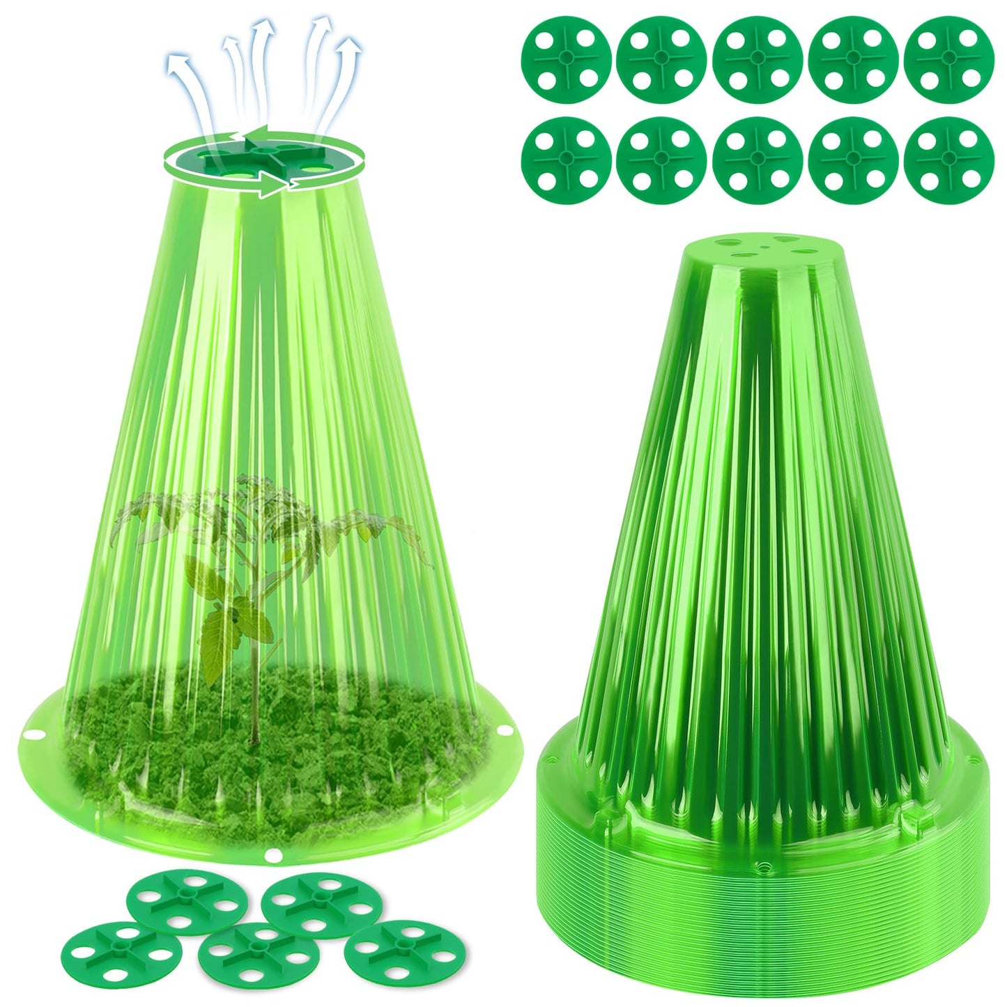 UQM 30 Pack Garden Cloches for Plants, Reusable Bell Plant Protector with Rotary Vent Cover, Garden Protection from Animals Snails Birds Chickens Insect, 9.18" H X 7.56" D (Green)
