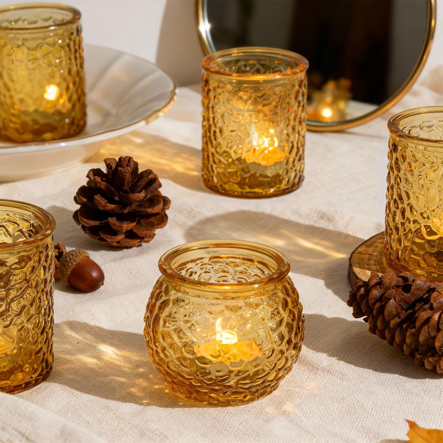 24-Piece Amber Glass Votive Candle Holders Set – Tealight Candle Holder Glass Bulk with 12 Round & 12 Hammered Textured Cups, Amber Votive Candle Holders for Weddings, Parties, Home