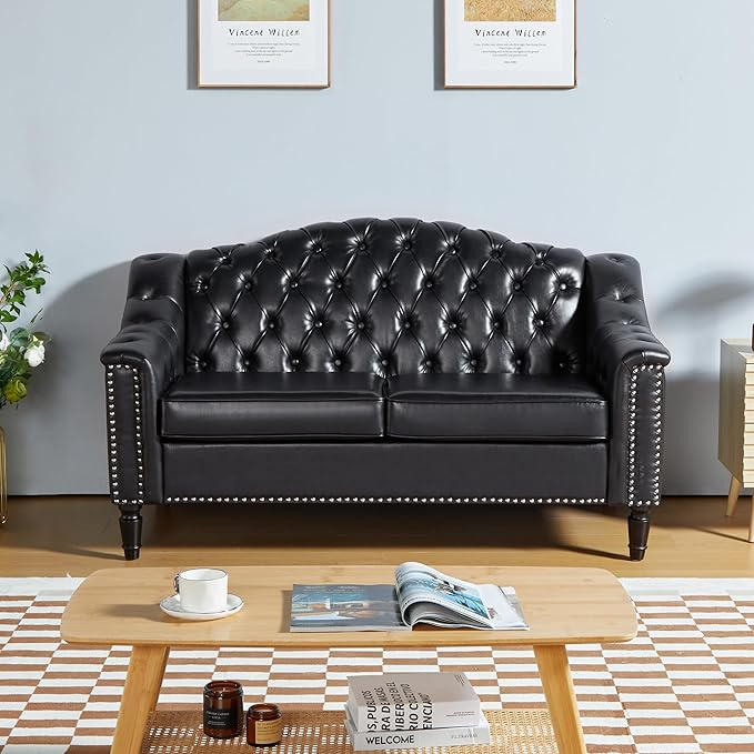 LEVNARY Chesterfield Loveseat Leather, Upholstered Sofa