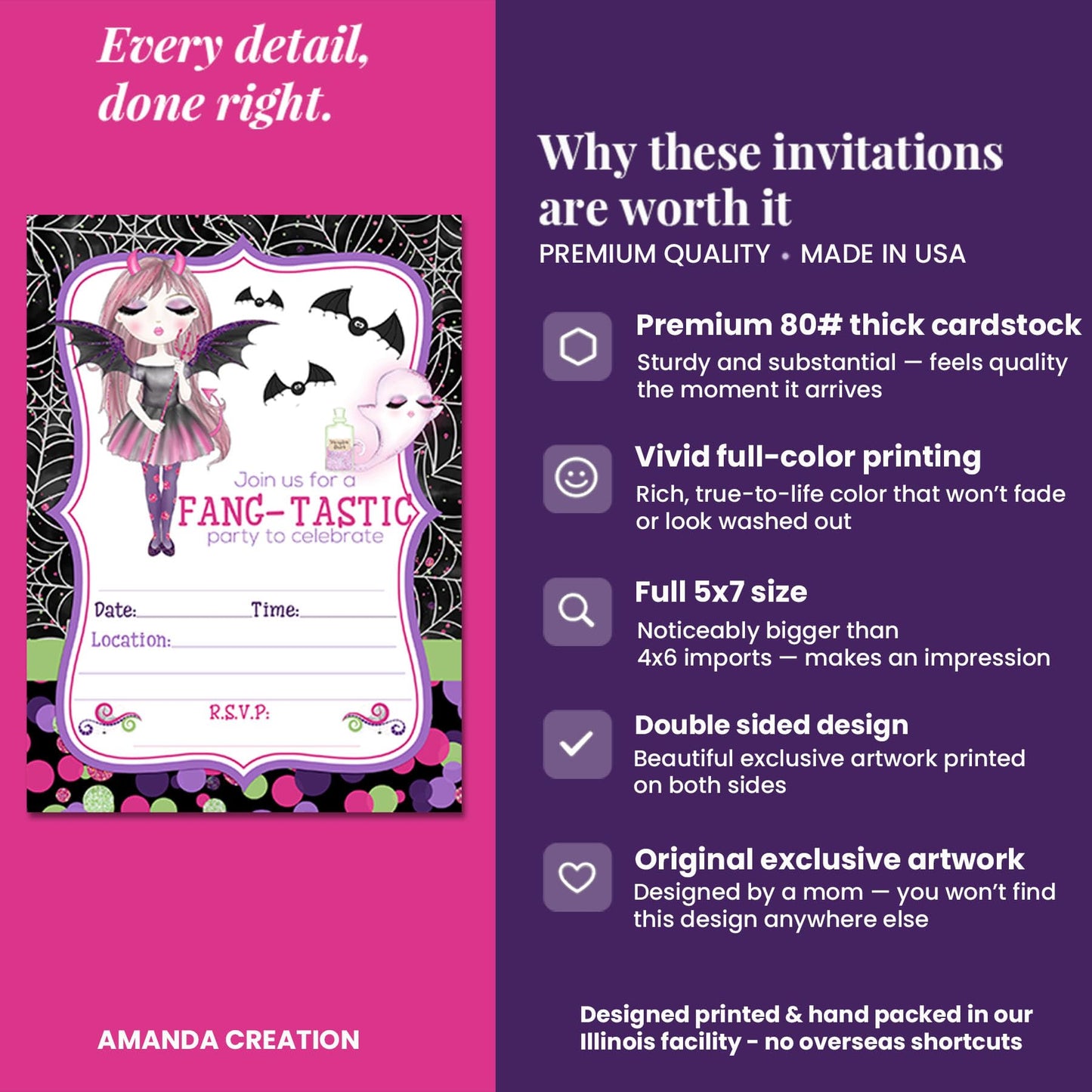 Fang-tastic Vampire Girl Halloween Theme 20 Birthday Invitations 5x7 Fill-In Cards with Envelopes, Kids Party Stationery Set, Cute Ghost Bat Polka Dot Spider Web Design, Made in USA by Amanda Creation