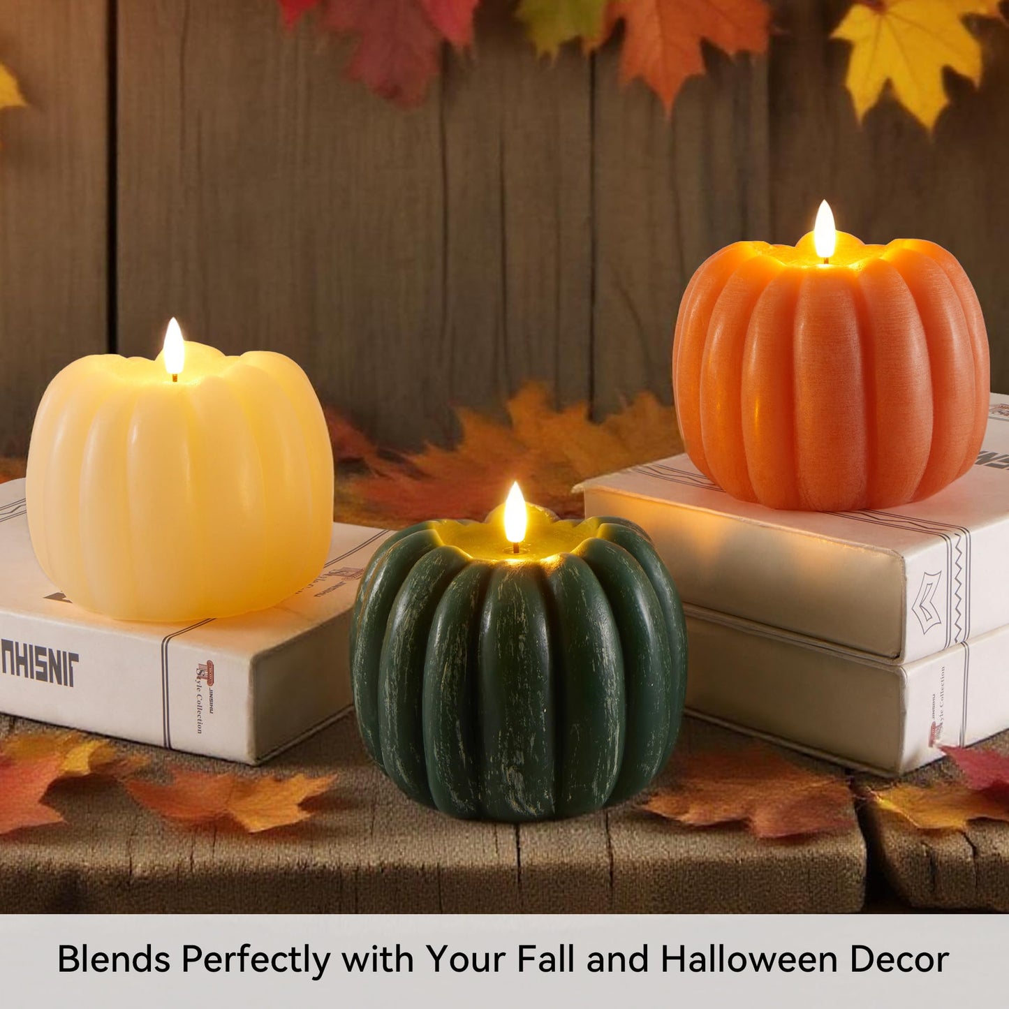 Velsyn Fall Decorations for Home, Flickering Flameless Wax Pumpkin LED Candle with Timer Remote Control, Thanksgiving Gifts, Autumn Farmhouse Rustic Harvest Decor for Tiered Tray Table Indoor (White)