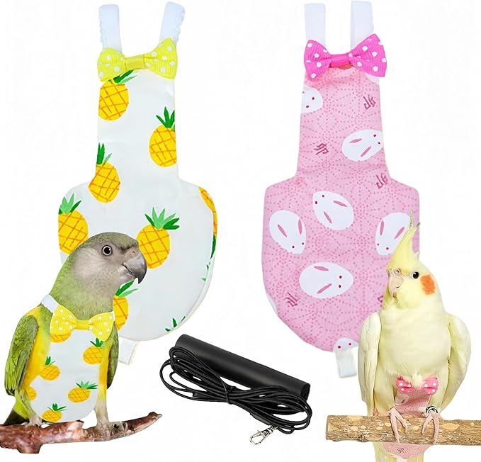 2Pcs Bird Diapers Bird Harness Flight Suits Diapers with 80 Inch Flying Leash Parrot Nappy Washable Cute Urine Wet Suit for Cockatiel Conure Macaw Budgies Parakeet-Rabbit&Pineapple,S