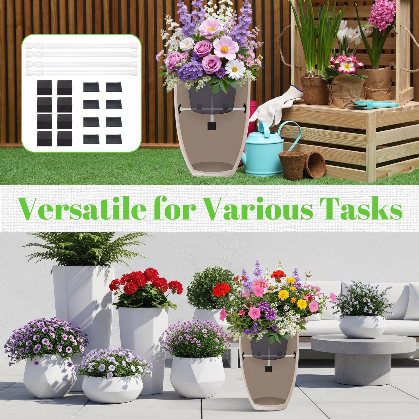 Novabright 4 Pack Adjustable Plant Risers 12-20" Planter Inserts for Inside Pots, Pot Fillers for Indoor Outdoor Conical, Round, and Square Tall Planters, Easy to Install