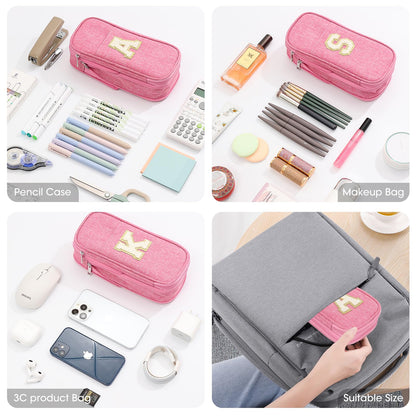 GIFTOXO Pencil Case for Girls Women, Back to School Supplies, Preppy Pencil Case, Large Initial Pencil Pouch with Zipper, Cute Pencil Bag, Aesthetic Pen Case Box for Kids Teen Girls - A(Pink)