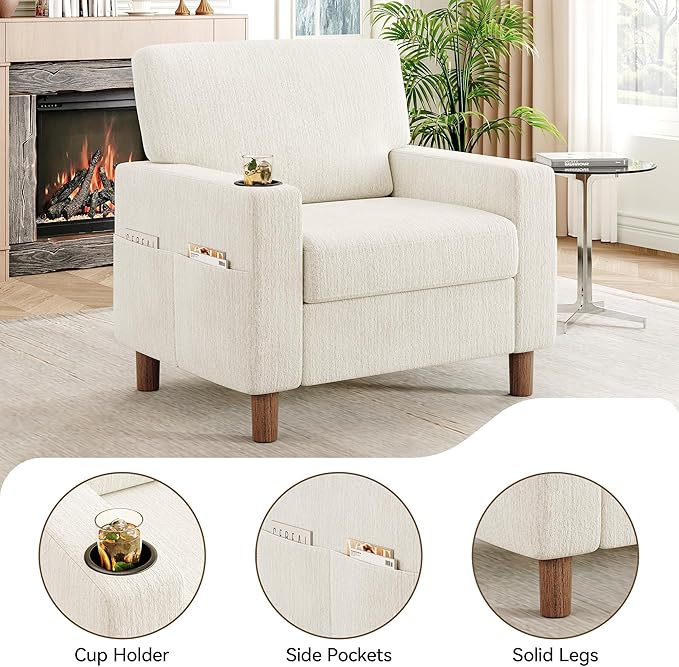 Mid Century Modern Accent Chair, Chenille Comfy Living Room Arm Chairs