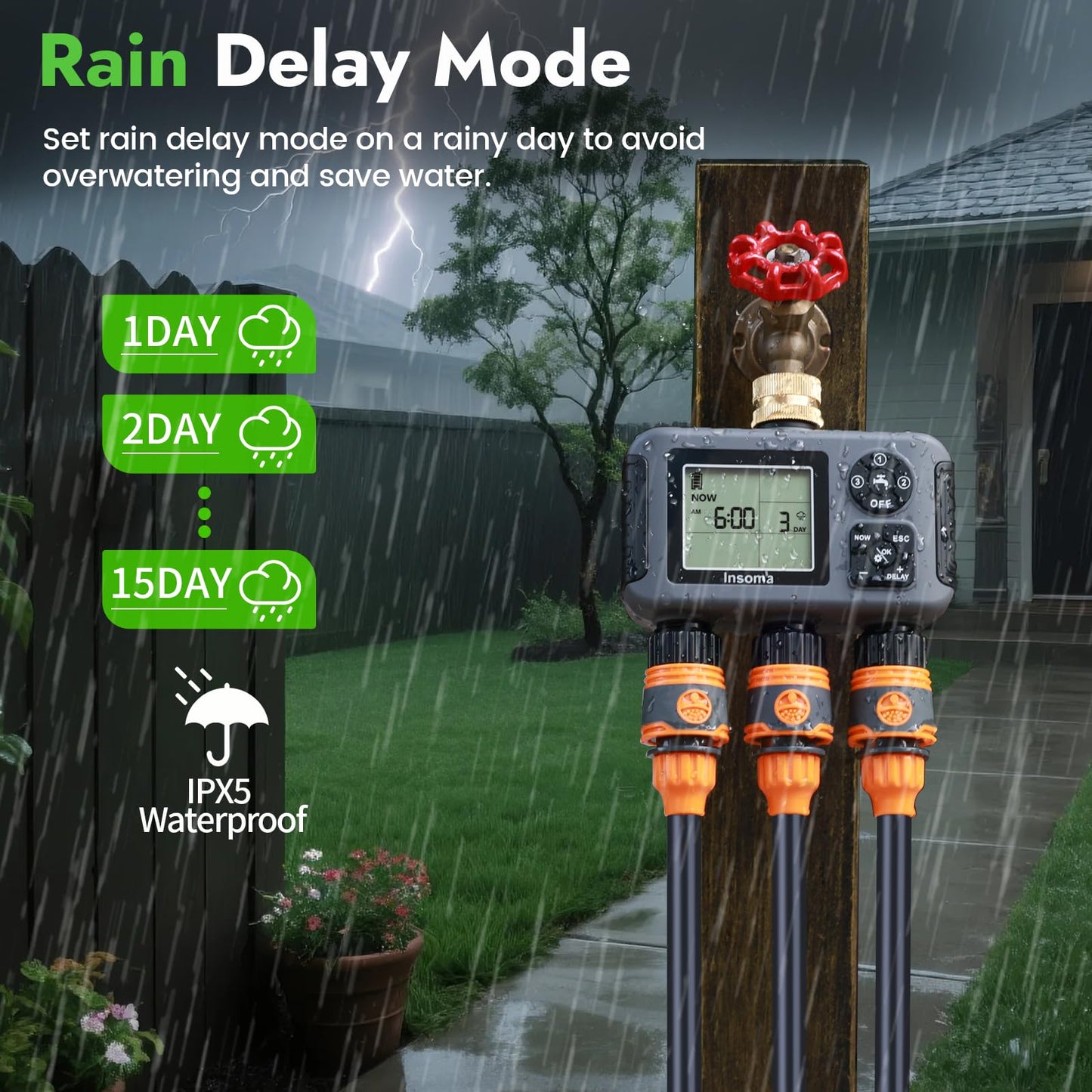 Insoma Water Timer with Brass Inlet, 3 Independent Zones Outdoor Hose Timer for Garden Faucet with Auto/Manual/Rain Delay Mode, IPX5 Waterproof, Sprinkler Irrigation Controller for Yard Lawn