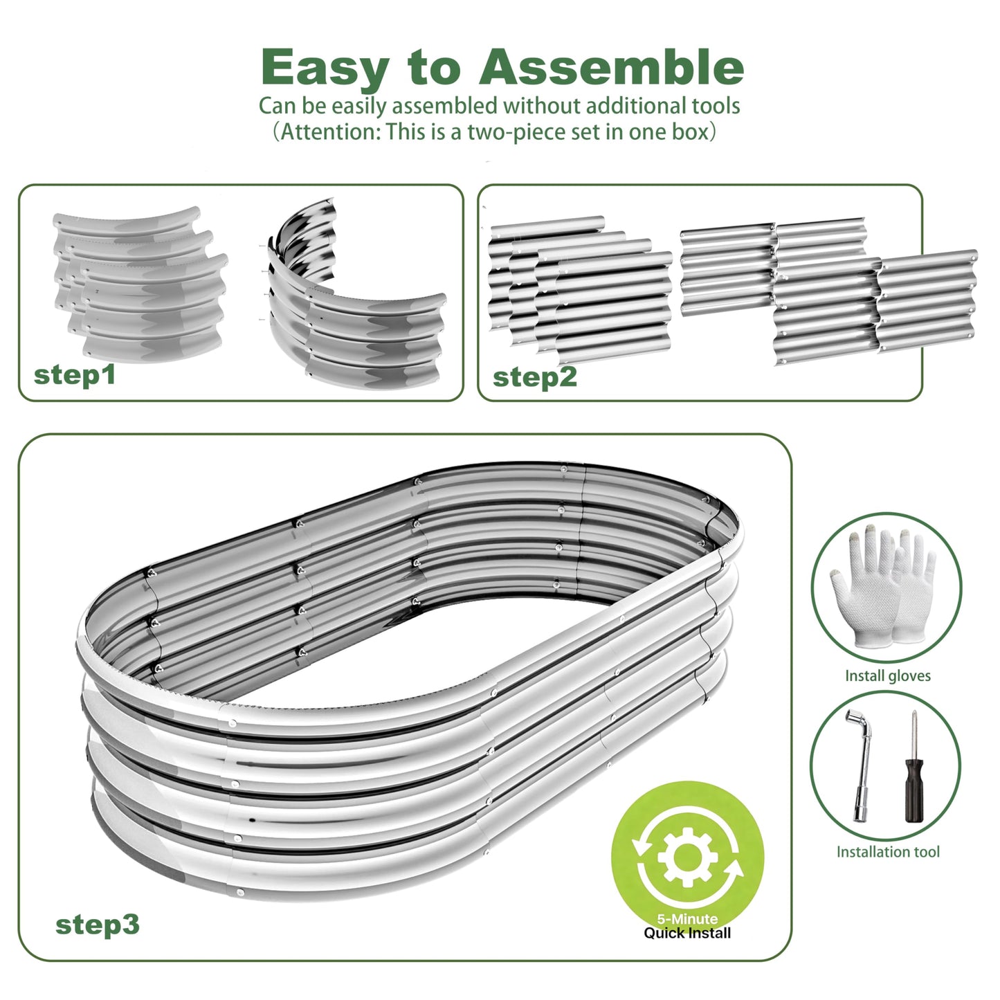 Kinddeer 4x2x1ft-2pcs-Oval Raised Garden Bed Kit, Galvanized Planter Garden Boxes Outdoor, Metal Raised Garden Beds for Vegetables,Fruits, Flower,Silver