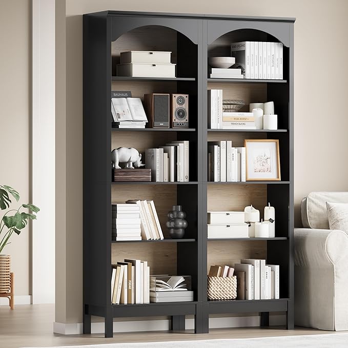 Arched Bookshelf with 5 Tier Open Shelves, Study and Living Room, Modern Black