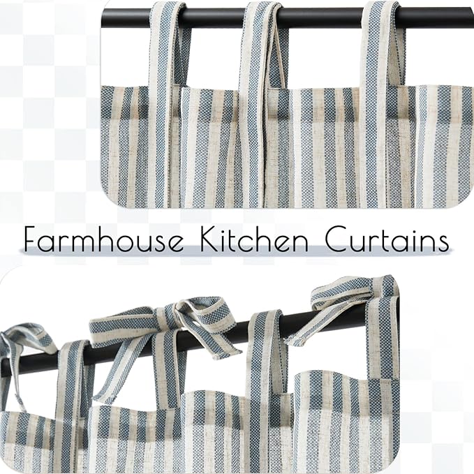 jinchan Tie Top Linen Kitchen Curtains 24 Inches Striped Tier Curtains Farmhouse Modern Cafe Style Small Window Treatments Airy Light Filtering Rod Pocket for Living Room Bathroom 2 Panels Blue