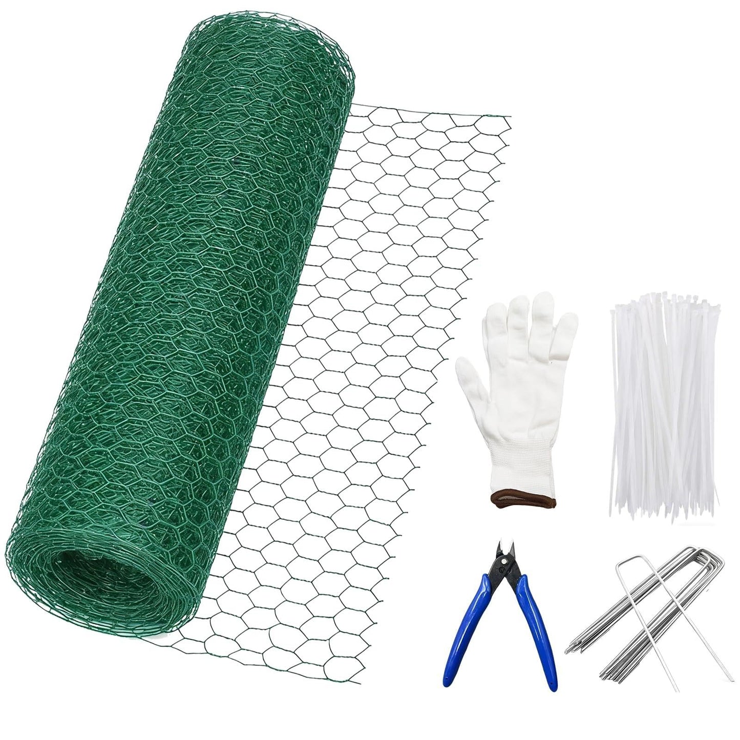Chicken Wire Mesh,16.4 Ft x 15.4In Plant Protectors from Animals,Coated Green Chicken Wire Mesh,Stakes,Pliers,Gloves,Outdoor Anti-Rust Garden Animal Barrier Fence for Chicken Coop Barrier Rabbit Cage