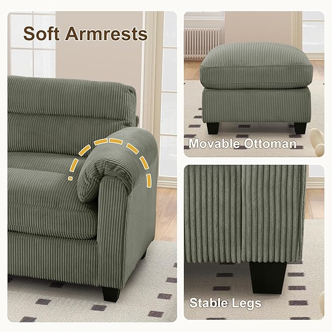 HAOMARKETS Corduroy Sofa Set, Upholstered Ottoman Footrest, Modern Living Room