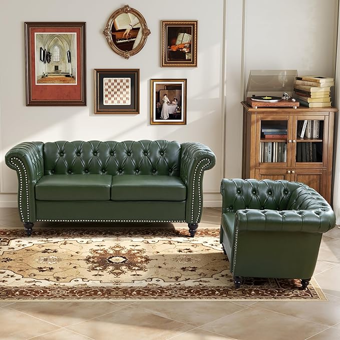 LEVNARY Chesterfield Armchair, Tufted Leather Accent Chair, Mid-Century Modern