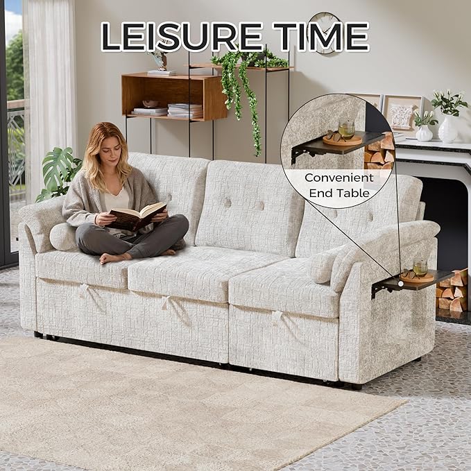 Convertible Sleeper Sofa Bed, 63 Inch Chenille Pull Out Couch