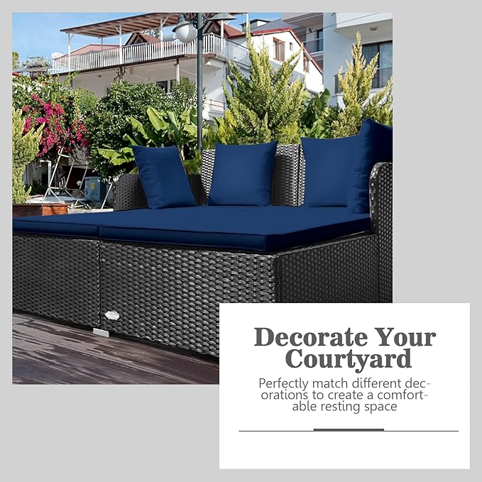 COSTWAY Outdoor Patio Rattan Daybed, Sponge Cushioned Loveseat Sofa