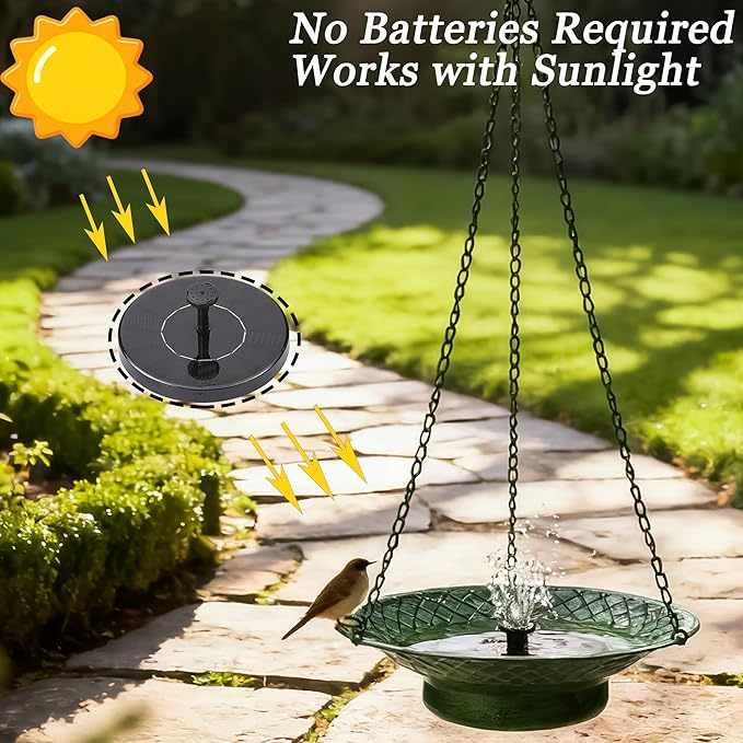 Hanging Bird Bath with Solar Fountain, 12.6" Solar Powered Bird Bath, Metal Hummingbird Fountain Bird Bath for Garden, Patio, Lawn Decor, Green